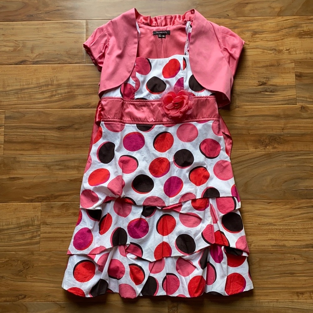 GIRLS POLKADOT DRESS WITH PINK JACKET